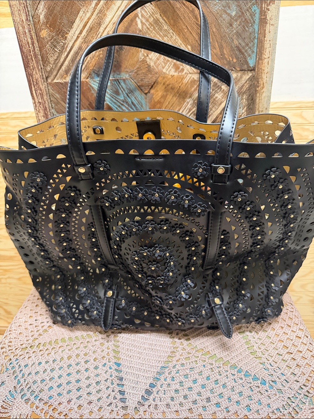 Urban Expressions Black Laser-Cut Floral Tote with Tan Interior
